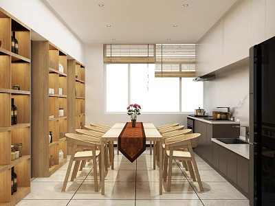 Modern Open Kitchen Interior Design With Dining Table Wine Rack And Cabinets 3d model