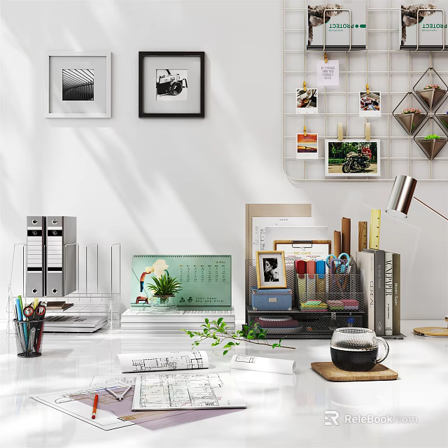 Modern Workspace Setup With Office Supplies Green Plant Coffee Cup And Wall Decor 3d model 
