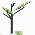 Tree Shaped Outdoor Lights With Green Leaf Panels And Black Lamp Heads