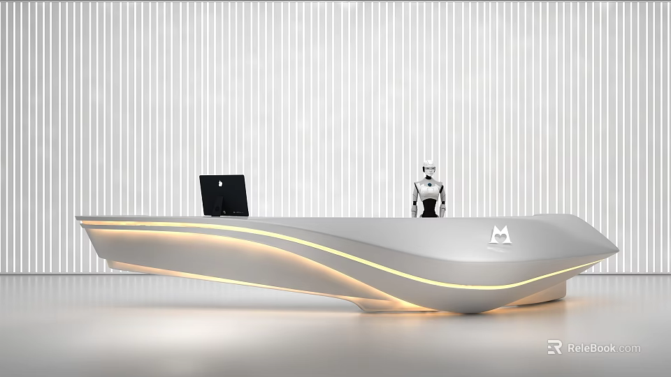 Modern Reception Desk With Curved Design Integrated Lighting Robot And Striped White Wall 3d model 