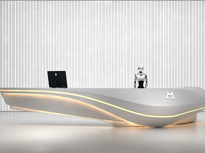 Modern Reception Desk With Curved Design Integrated Lighting Robot And Striped White Wall 3d model