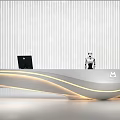 Modern Reception Desk With Curved Design Integrated Lighting Robot And Striped White Wall