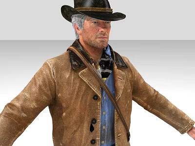 Man with White Hair Wearing Black Hat Brown Leather Jacket Blue Shirt and Crossbody Bag 3d model