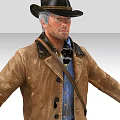 Man with White Hair Wearing Black Hat Brown Leather Jacket Blue Shirt and Crossbody Bag