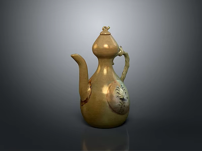 Yellow Ceramic Teapot With Curved Spout Handle Lid And Circular Decorative Pattern 3d model