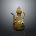 Yellow Ceramic Teapot With Curved Spout Handle Lid And Circular Decorative Pattern