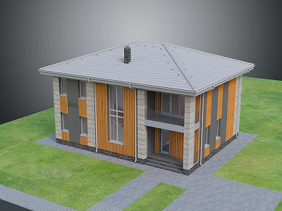 Two Story Detached House With Grey Roof Chimney Wooden Grey Cladding Large Glass Windows Lawn 3d model