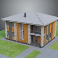 Two Story Detached House With Grey Roof Chimney Wooden Grey Cladding Large Glass Windows Lawn