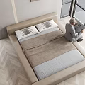 Modern Beige Double Bed In Bedroom With Two Pillows Chandelier And Large Windows