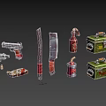Collection of Vintage Weapons Including Pistols Knives Explosives and Crates