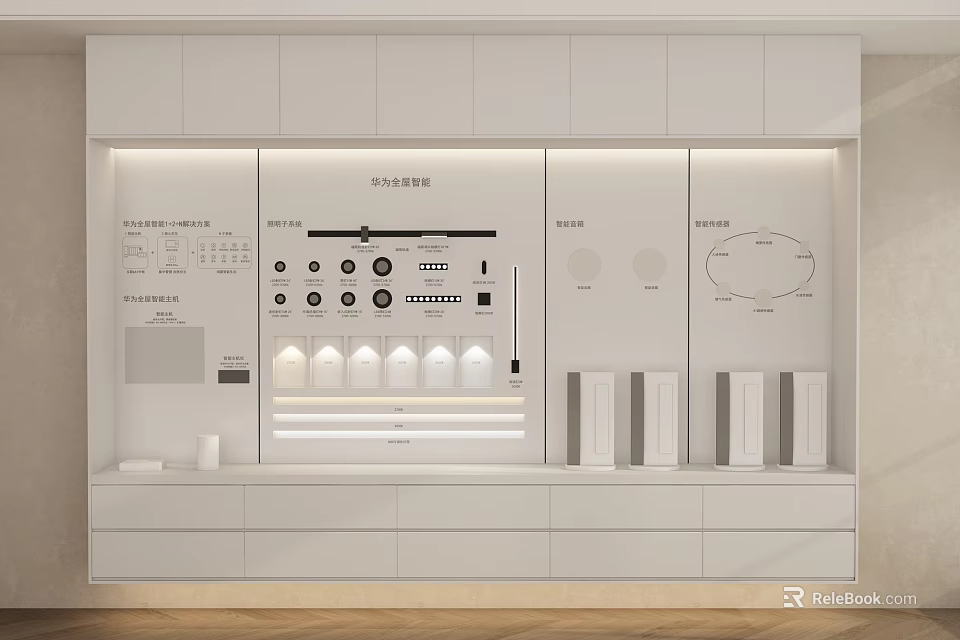 Sleek White Modern Display Shelving Unit With Layered Lighting And Product Illustrations 3d model 