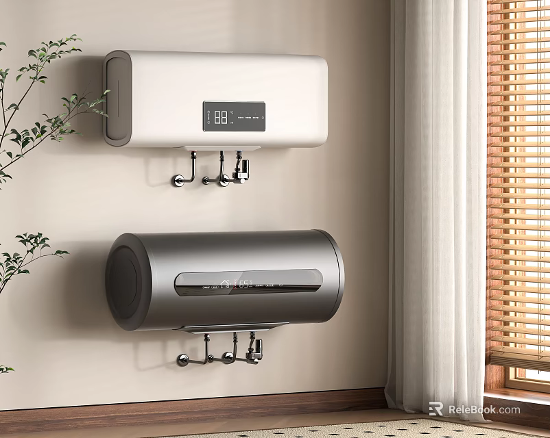 Wall Mounted White And Gray Electric Water Heaters In Home Interior With Green Plant 3d model 