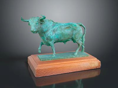 Elegant Green Bull Figurine Decorative Ornament Set With Wooden Base Display Piece 3d model