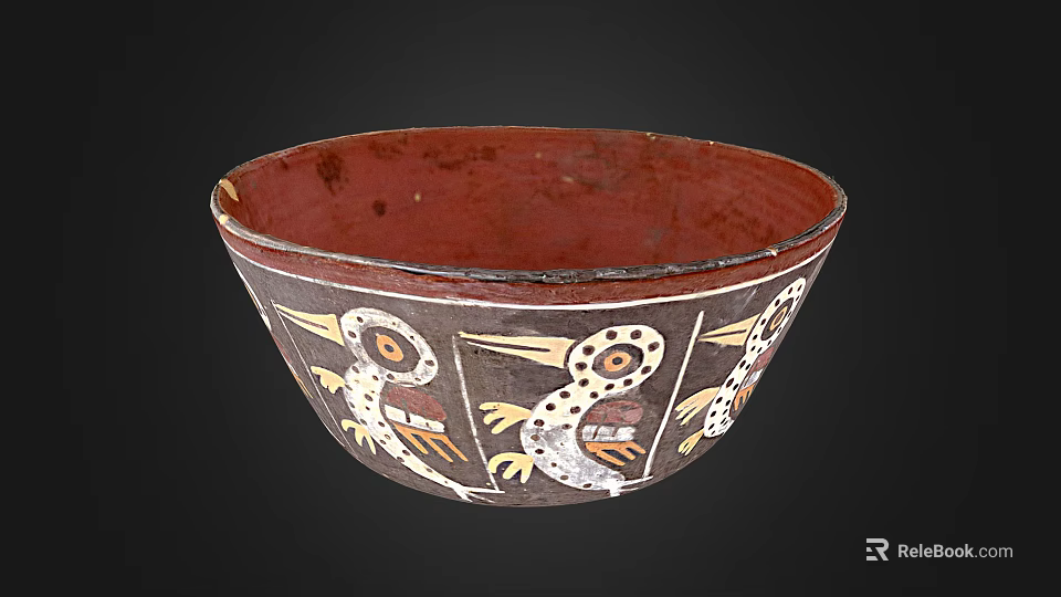 Traditional Red And Black Ceramic Bowl With White And Yellow Hand Painted Bird Patterns 3d model 
