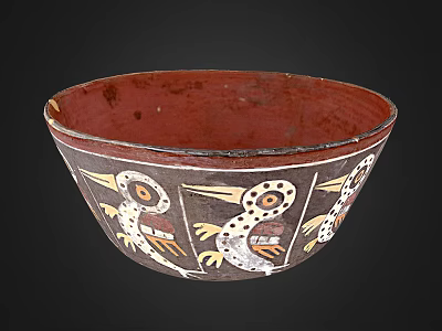 Traditional Red And Black Ceramic Bowl With White And Yellow Hand Painted Bird Patterns 3d model