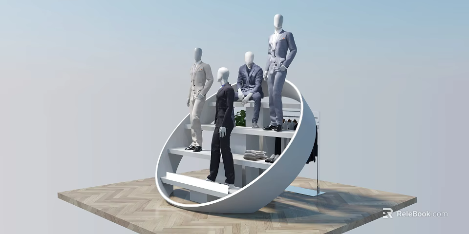 Modern Commercial Equipment Circular Display Rack With Mannequins And Clothing Items 3d model 