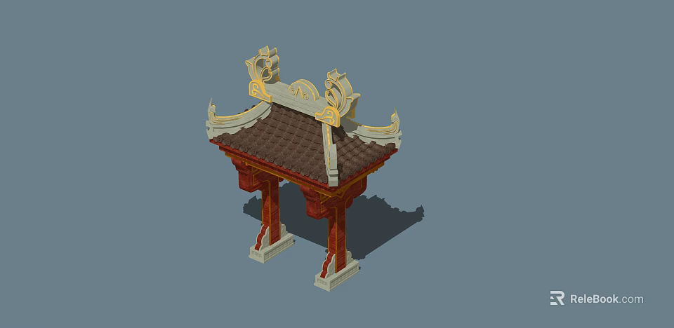 Traditional Chinese Memorial Archway with Ornate Tile Roof Red Pillars and Gold Ornaments 3d model 