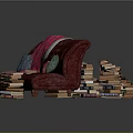 Red Tufted Sectional Sofa with Pink Plaid Blanket Colorful Cushions and Stack of Books