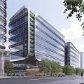 Modern Office Building Exterior With Glass Facade Greenery And Twin Connected Towers