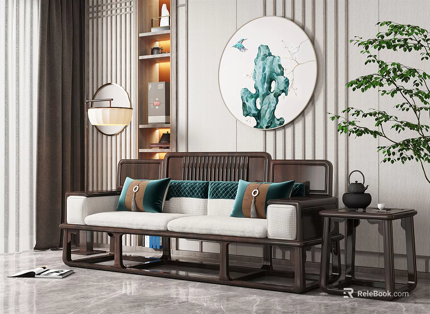 Chinese Two Seater Sofa With Brown Wooden Frame White Cushions Green Pillows And Round Painting 3d model 