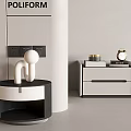Modern Black And White Poliform Bedside Tables With Round Design Drawer And Decorative Clock Figurine