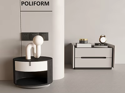 Modern Black And White Poliform Bedside Tables With Round Design Drawer And Decorative Clock Figurine 3d model