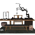 Natural Wooden Tea Table and Bench Setup With Decorative Branch Tea Sets and Rug