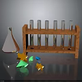 Laboratory Display With Wooden Test Tube Rack Glass Tubes Colorful Star Shapes And Conical Flask