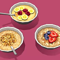 Delicious Oatmeal Bowls Topped With Banana Slices Raspberries Strawberries Blueberries And Chopped Nuts