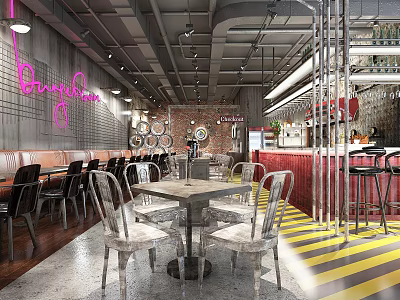 Modern Brothers Bar Interior With Pink Neon Sign Brick Wall Tables Chairs Counter Striped Floor 3d model