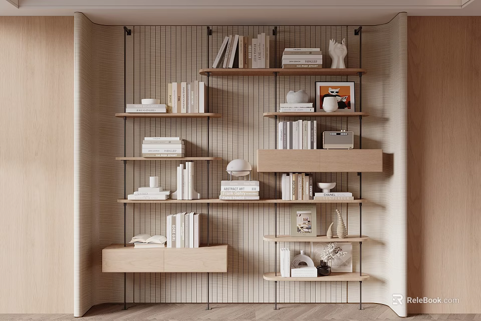 Modern Open Bookshelf Design With Wooden Shelves Metal Frame Books Photo Frames And Vases 3d model 