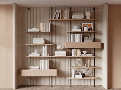 Modern Open Bookshelf Design With Wooden Shelves Metal Frame Books Photo Frames And Vases 3d model