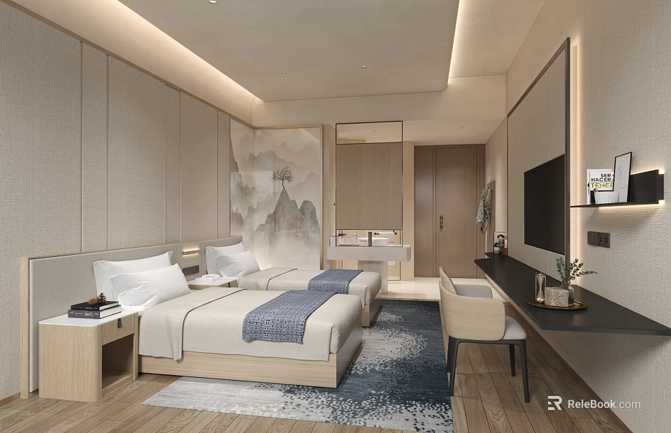 Modern Hotel Guest Room With Twin Beds Nightstand TV Desk Chair Rug And Wall Art 3d model 