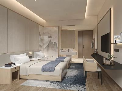 Modern Hotel Guest Room With Twin Beds Nightstand TV Desk Chair Rug And Wall Art 3d model