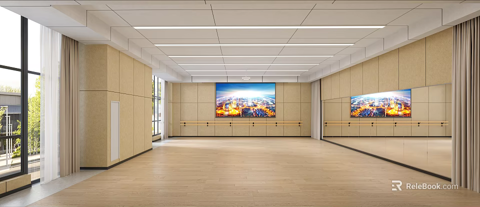 Spacious Fitness Dance Studio With Large Mirrors Wooden Floors Wall Screen And City View Barres 3d model 