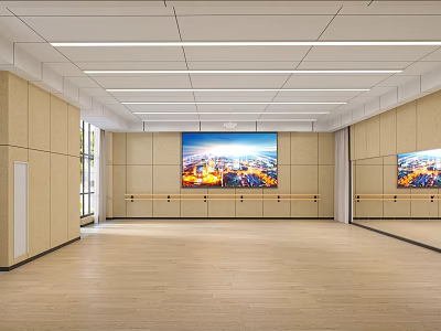Spacious Fitness Dance Studio With Large Mirrors Wooden Floors Wall Screen And City View Barres 3d model