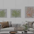 Botanical Plant Paintings On Living Room Wall With Green Tree Red Blossom Sofa Cushions Coffee Table