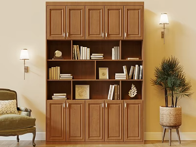 Wooden Bookshelf in Living Room with Books Decorative Items Green Armchair Wall Lamps Potted Plant 3d model