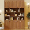Wooden Bookshelf in Living Room with Books Decorative Items Green Armchair Wall Lamps Potted Plant