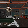 Luxurious Bar Interior with Chandelier Sofa Carpet Circular Decorations and Wooden Floors