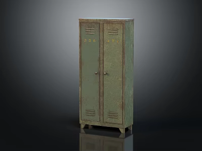 Vintage Green Metal Entryway Side Cabinet With Two Lockable Doors And Wheels 3d model