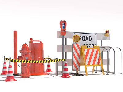 Road Facilities With Traffic Cones Road Closed Signs Barriers And Caution Tape 3d model