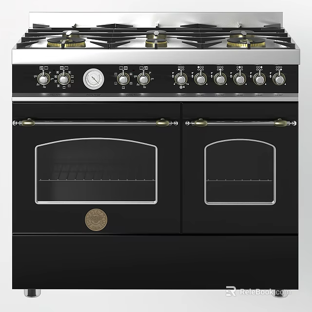Classic Black And Silver Kitchen Gas Stove With Double Oven Doors And Metal Knobs 3d model 