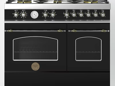 Classic Black And Silver Kitchen Gas Stove With Double Oven Doors And Metal Knobs 3d model