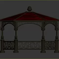 Elegant Metal Gazebo Featuring Red Roof Ornate Railings And Decorative Pillars