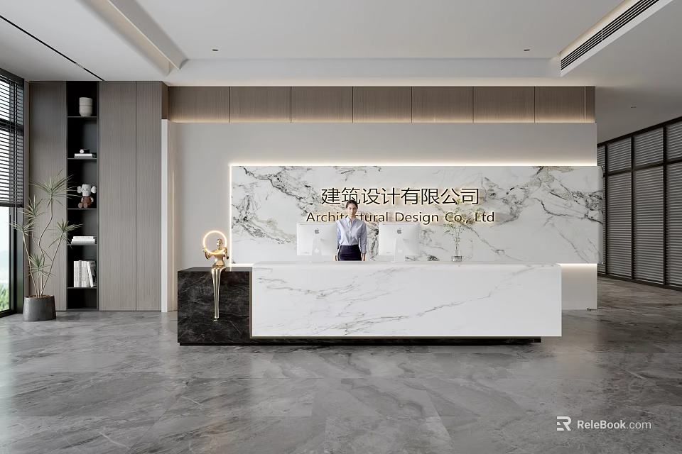 Modern Front Desk Reception Area With Marble Backdrop And Counter Featuring Company Signage 3d model 