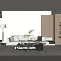 Modern Living Room Interior With Sofa Coffee Table Floor Lamp And Bookshelf Rug