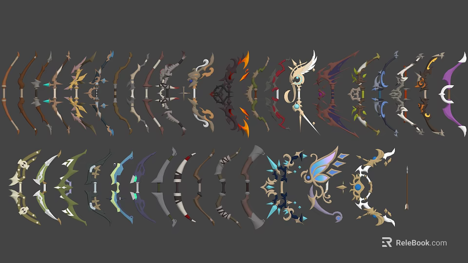 Unique Decorative Bow Weapon Designs Featuring Flame And Wing Elements Arranged Neatly 3d model 