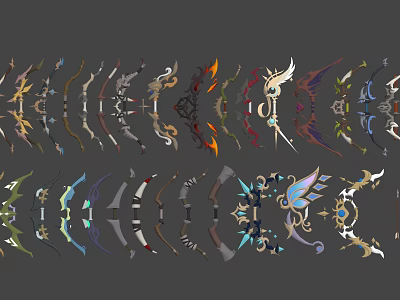 Unique Decorative Bow Weapon Designs Featuring Flame And Wing Elements Arranged Neatly 3d model
