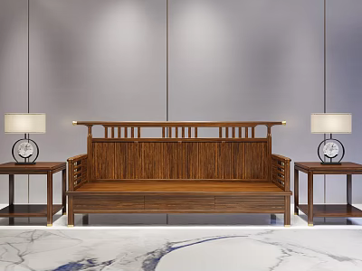 Modern Chinese Wooden Sofa Set With Side Tables Table Lamps And Marble Floor 3d model
